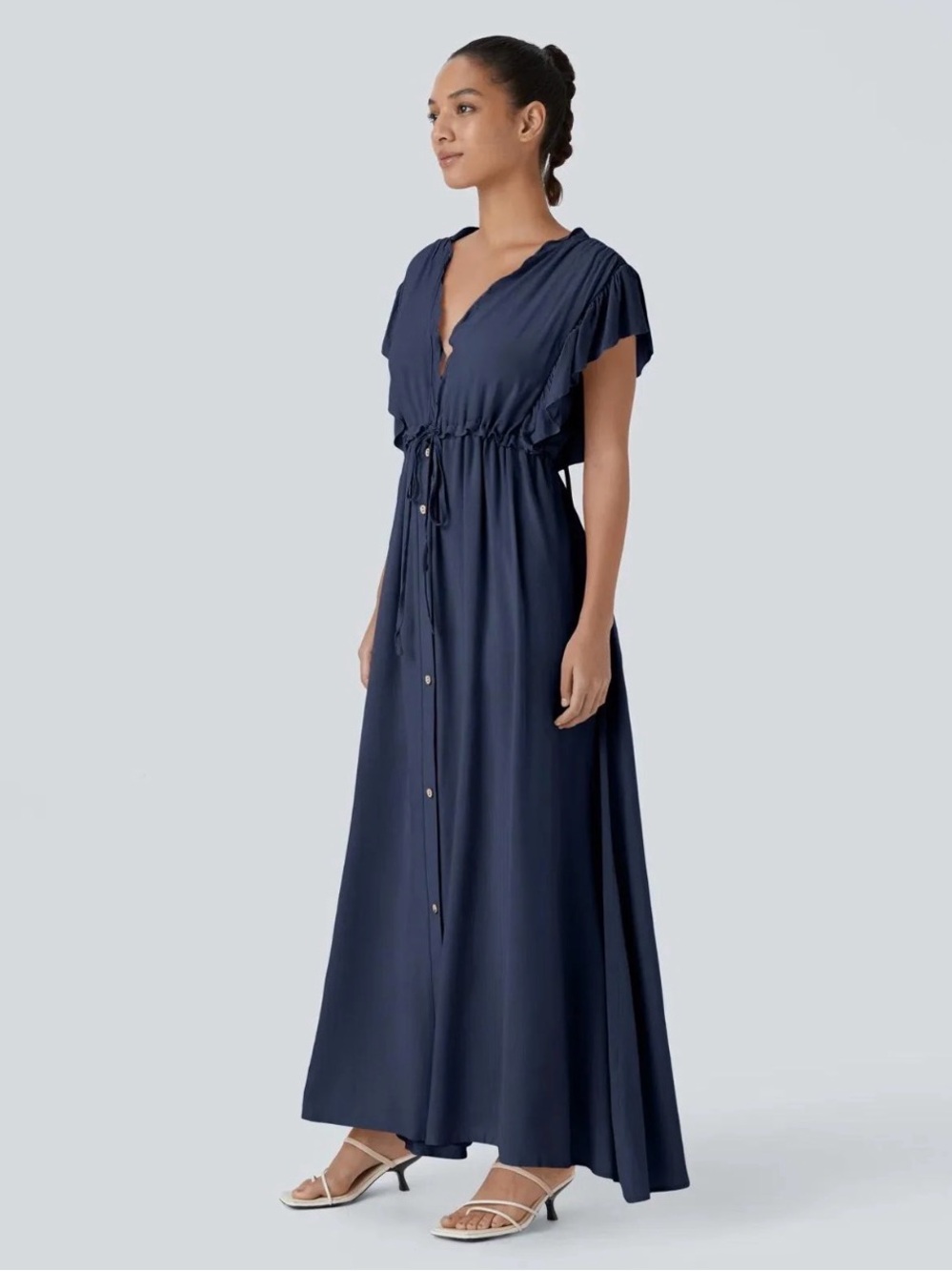 HALARA V-neck Butterfly DressNavy Button-Front Maxi Dress with Drawstring Waist - Picture 4 of 5